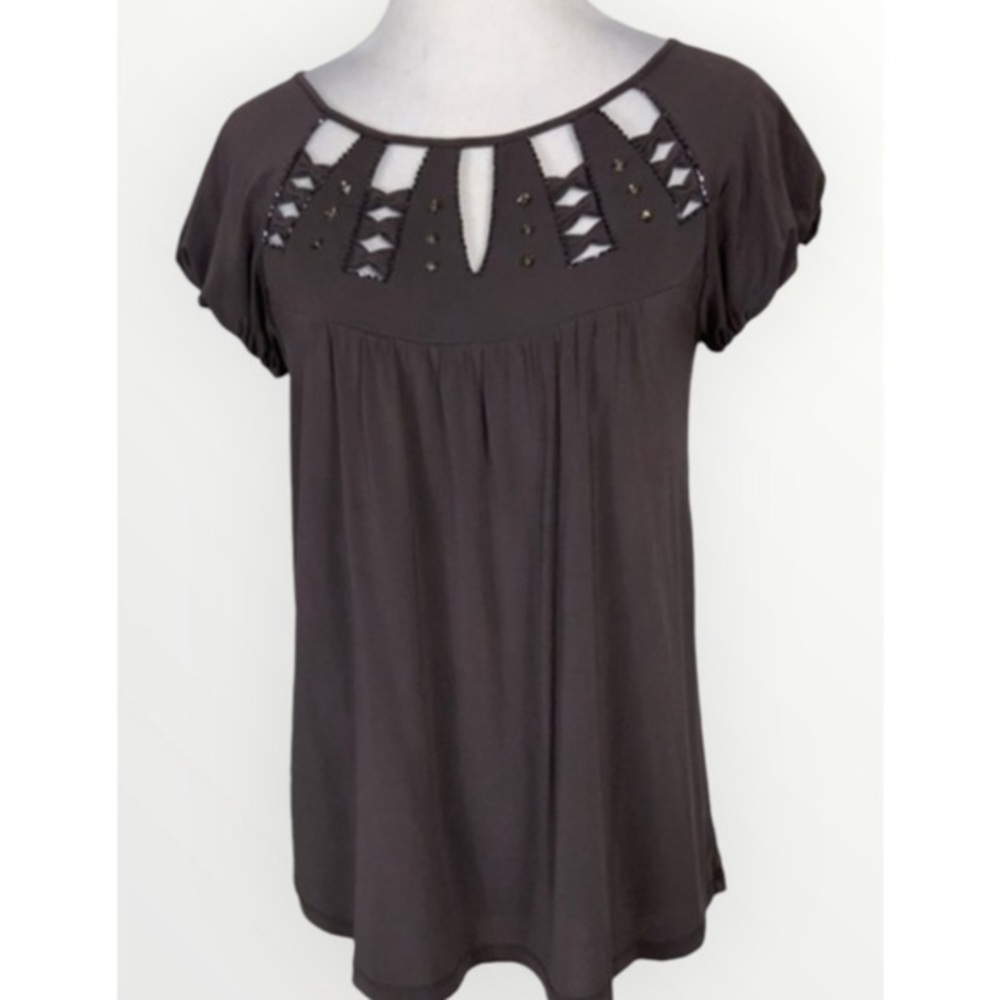 BCBGMAXAZRIA Brownish Gray Short Sleeve Top Bejeweled Cutouts XS
